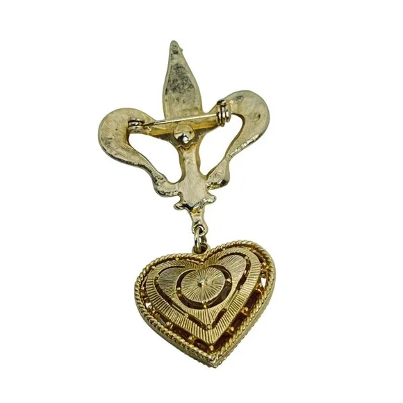 Vintage Gold Tone Fleur De Lis Brooch W/ Dangling Faux Pearl Heart Charm (5751) - Picture 5 of 7